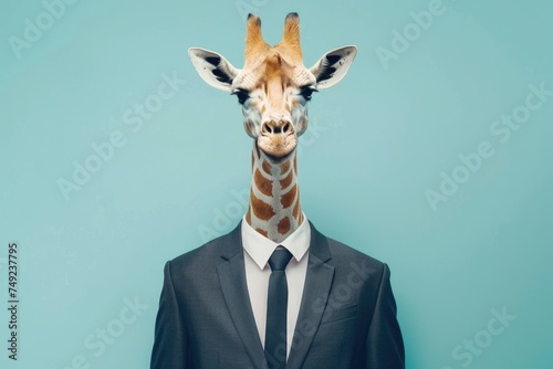 Giraffe with a human body in a business suit on a turquoise background.