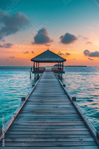 sunrise island maldives over the ocean and wooden pier in sunrise