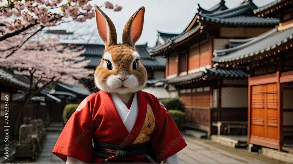 A rabbit in a samurai outfit is at Sakura Japan, surrounded by Japanese houses