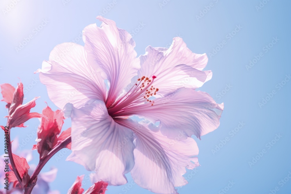 Translucent pink flower on a pastel blue background.