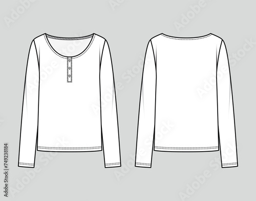 Henley top with long sleeves. Vector technical sketch. Mockup template.