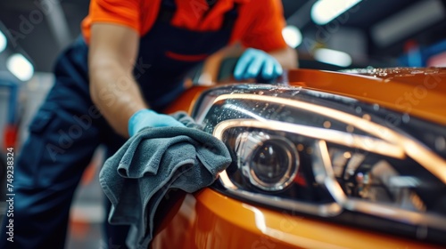 A man washing a car with a microfiber cloth. Car wash background