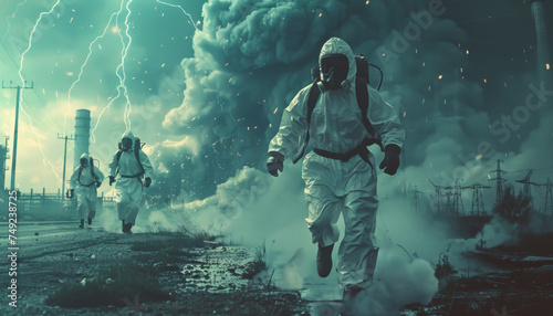 radiation accident at a nuclear power plant, explosion in a reactor. Scientists run in protective gear. photo