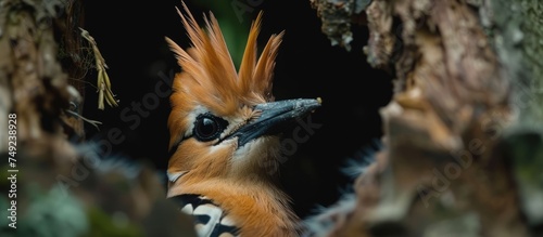 An intriguing Eurasian Hoopoe bird is captured in a close-up shot, perched in a tree in the Czech Republic and feeding. The birds distinctive orange and black plumage stands out against the green