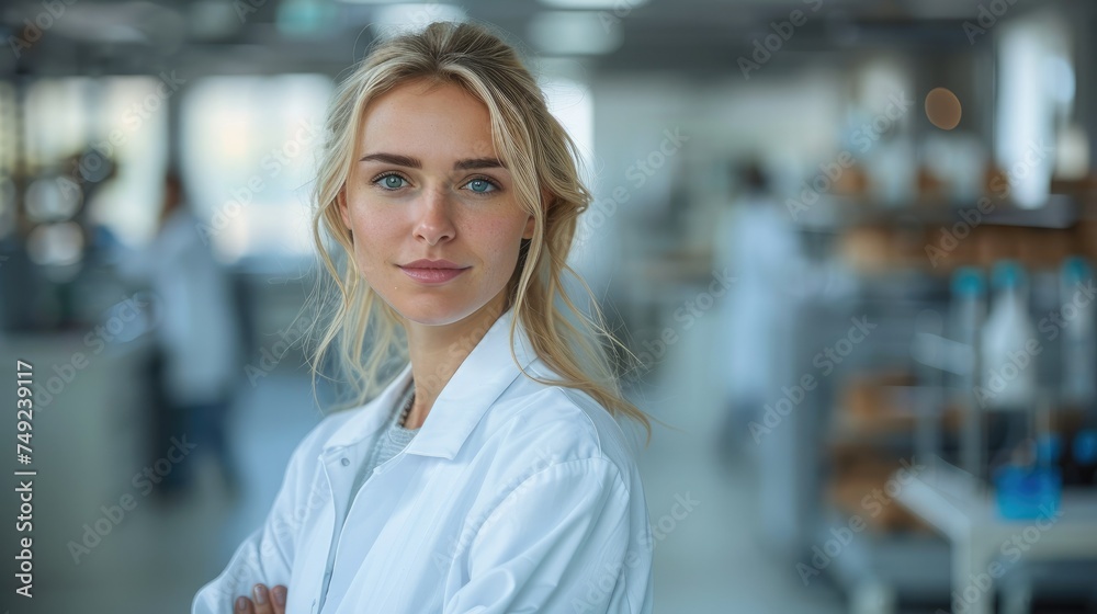 Caucasian woman scientist lab technician wearing a white lab coat with blonde hair standing in a laboratory. Generative AI.