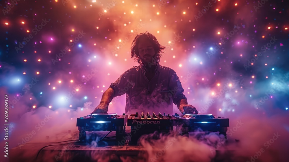A DJ facing the camera playing on a summer festival, colorful lights, smoke, people dancing. Generative AI.
