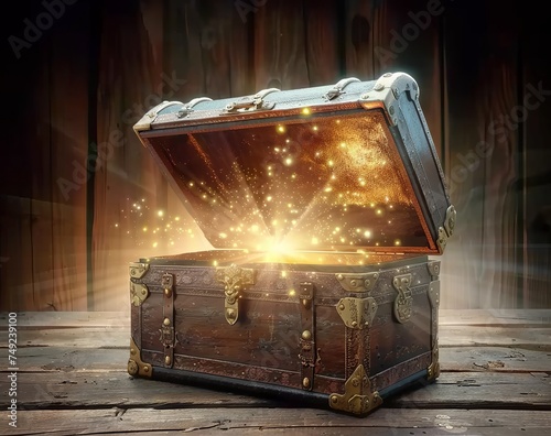 An Open Ancient Treasure Chest Revealing Glowing Magic Lights in the Dark, Unveiling Secrets of Mystical Wonder. Made with Generative AI Technology
