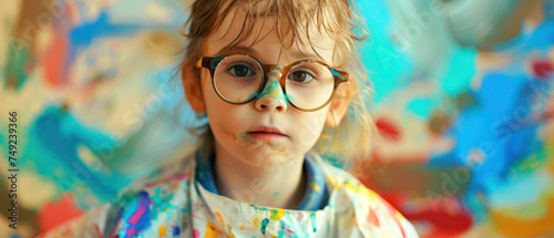 Child Artist Mural Focus, Paint-splattered smock and glasses, Soft natural light