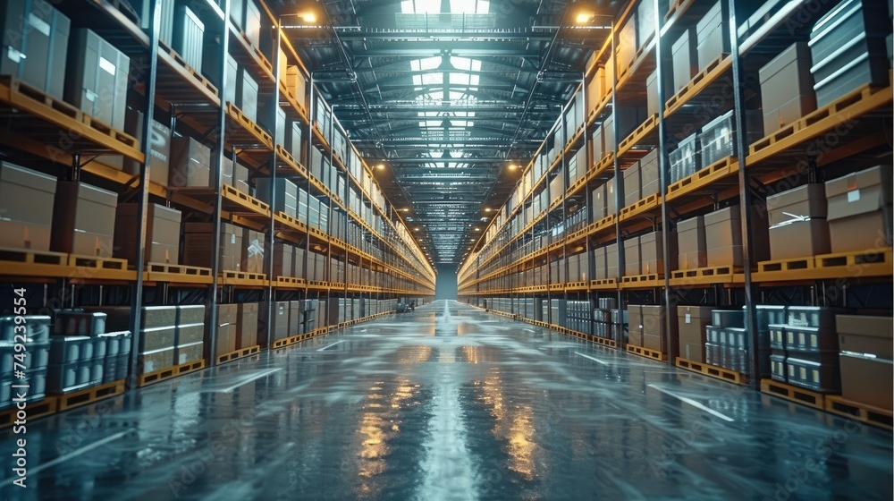 Fototapeta premium A large warehouse with many boxes stacked on shelves. Generative AI