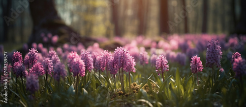 Spring glade in forest with flowering pink and purple hyacinths
