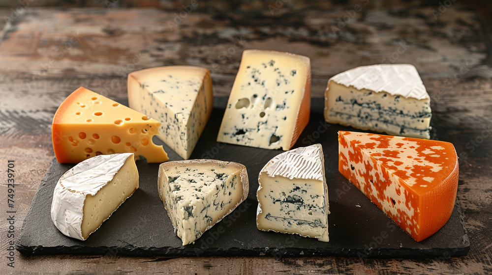 Fototapeta premium Assortment of Cheese Wedges on Slate Board