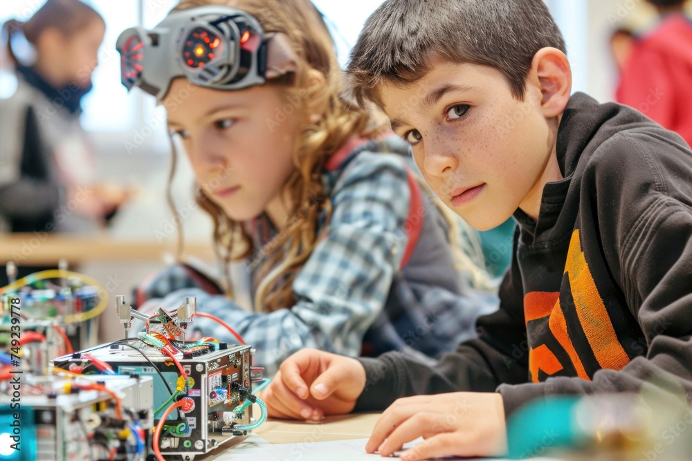 Fototapeta premium STEM Kids Robot Workshop, Building from electronic waste, Educational recycling