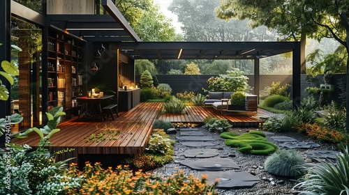 A beautiful side outside garden at morning, with a teak hardwood deck and a black pergola. Generative AI.