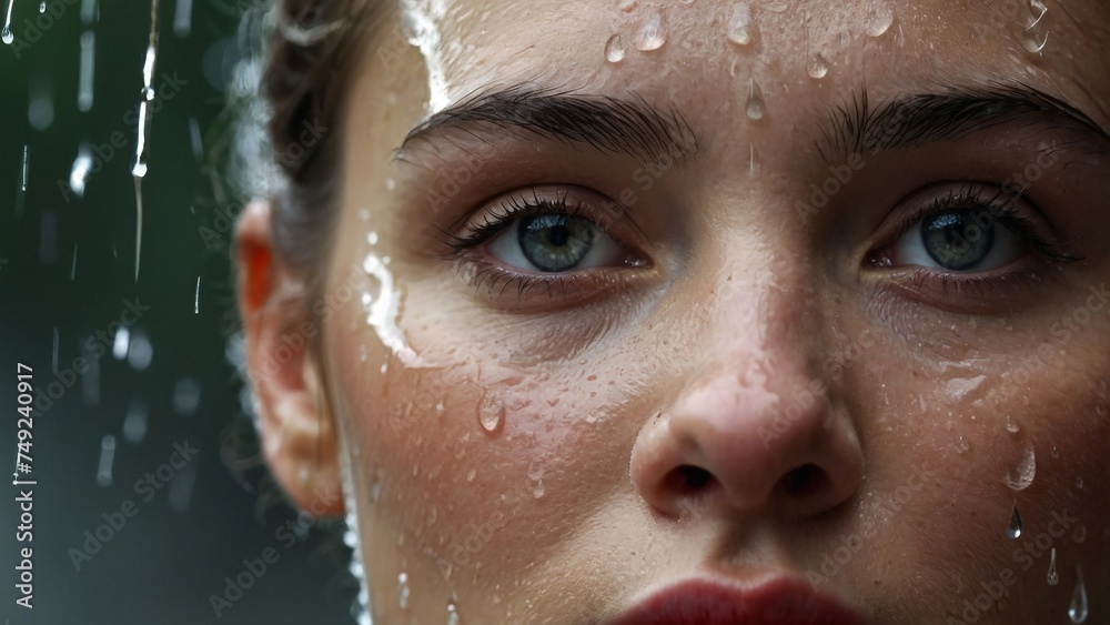 Fototapeta premium Close-up portrait of a young beautiful girl in the rain.