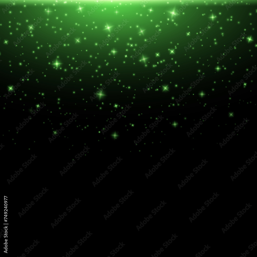 Glittering stardust on black background, sparkling particles, light effect, green color