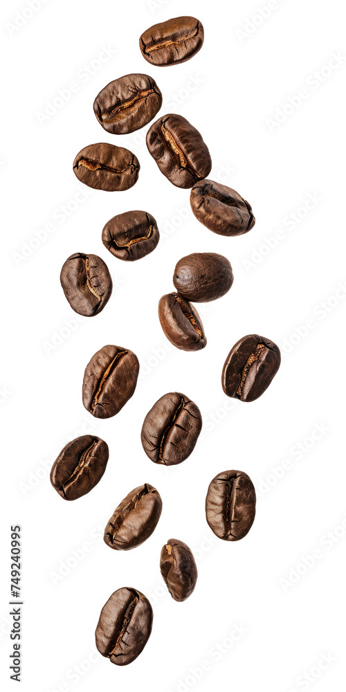 Coffee beans in the air close -up isolated on a white background Coffee beans in the air close -up isolated on a white background