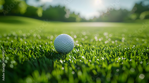 A golf ball sits on a grassy hill with a blue sky in the background.