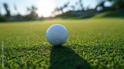 A golf ball sits on a grassy hill with a blue sky in the background.