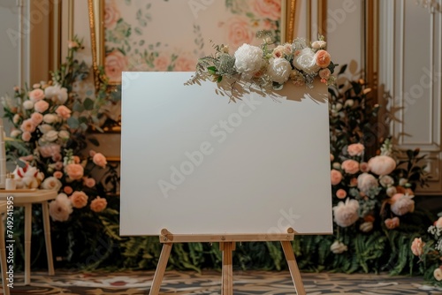 Floral Wedding Welcome Sign Mockup on Wooden Easel  photo