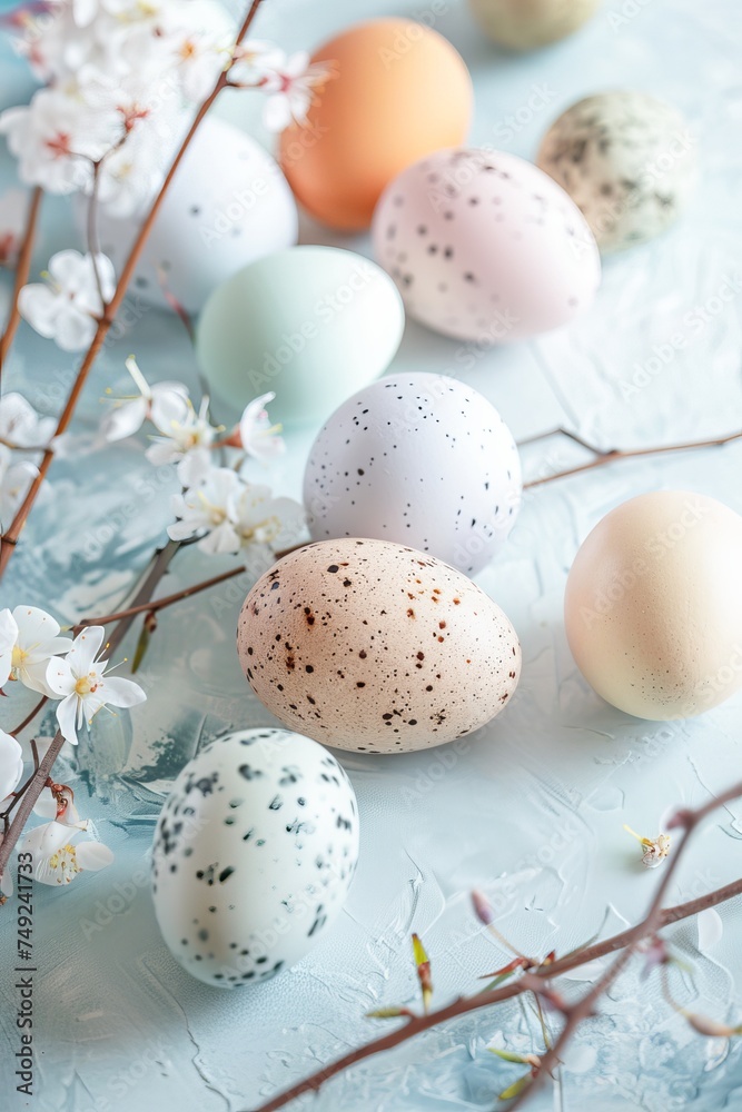Easter Celebration: Pastel Colored Eggs With Spring Blossoms on Light Blue Background