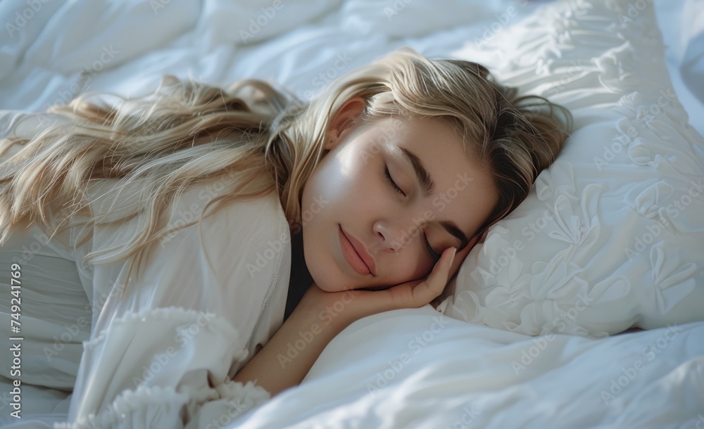 Serene Young Woman Enjoying a Peaceful Sleep in a Sunlit Bedroom During Morning Hours Serene Young Woman Enjoying a Peaceful Sleep in a Sunlit Bedroom During Morning Hours