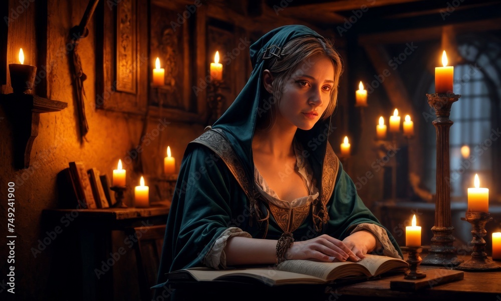 A young woman adorned in a Renaissance dress reads quietly, the candlelight highlighting her thoughtful expression. The rustic room adds a touch of authenticity to the scene.