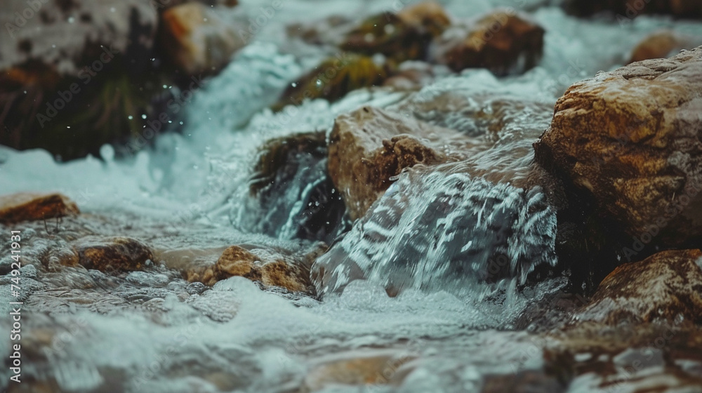 The music of icy streams thawing, water gurgling over stones and pebbles, a melody of liberation and flowing life The music of icy streams thawing, water gurgling over stones and pebbles, a melody of liberation and flowing life