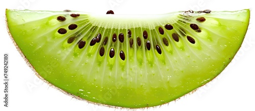 A slice of kiwi fruit with seeds, showcasing the juicy and flavorful interior against a clean white background.