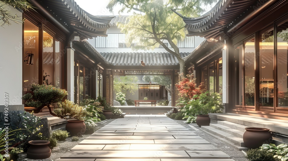 New Chinese-style courtyard, with a strong aesthetic charm of ancient oriental China. Generative AI.
