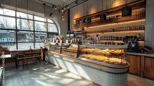 A nice bakery, industrial design, modern and bright. Generative AI.