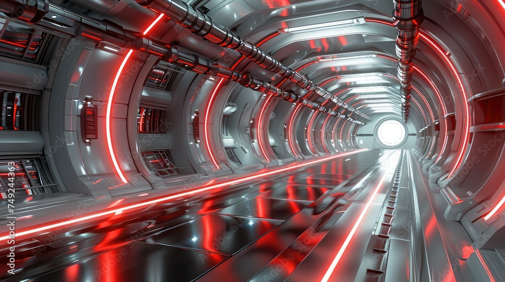 Inside the future space station, red laser, 3D. Generative AI.