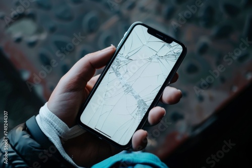photo of a broken cell phone screen, held in the hand of a person with a bandage