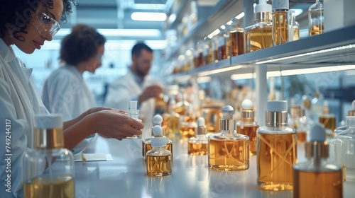 Technicians in a modern perfume laboratory, carefully analyze raw materials. Generative AI. photo