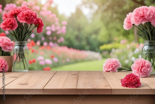 Empty wooden table for product display with Carnation garden background © Giuseppe Cammino