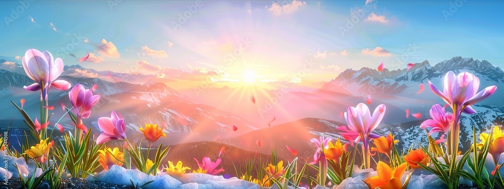 Crocus Flowers Unveiling Amidst Melting Snow, Bathed in Gentle Sunlight - A Majestic Prelude to the Arrival of Spring. Made with Generative AI Technology