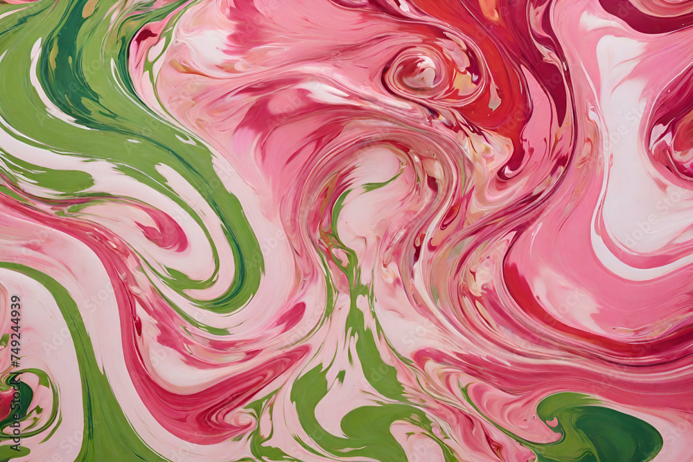 abstract background featuring a swirling mix of pink, red, and green hues with fluid marble