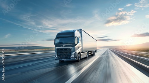 High-speed semi truck driving on an interstate highway with motion blur, showcasing modern logistics. photo