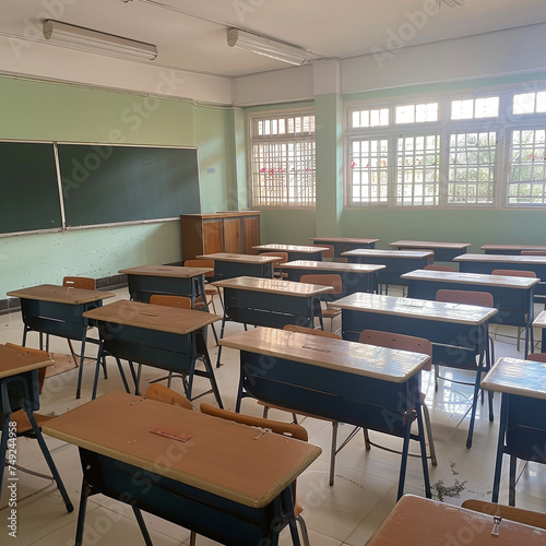 Classroom with Empty Desks and Chairs Awaiting Students