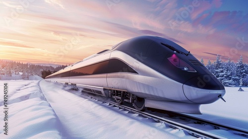 A high-speed train slicing through a snowy landscape mod 6