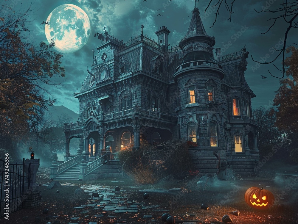 A haunted house with a large pumpkin on the front porch