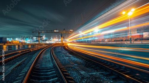 Long exposure capturing the colorful light trails of a train passing through an industrial port at night.