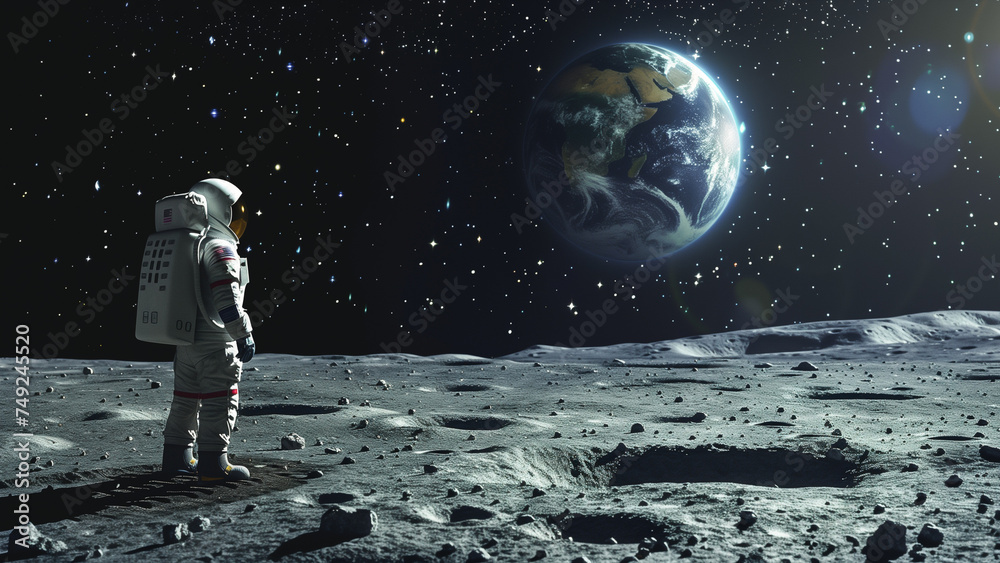Obraz premium Lone astronaut standing on the surface of the moon and gazing back at the Earth rising over the lunar horizon with the stars twinkling brightly in the black sky