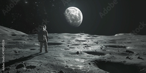 Lone astronaut standing on the surface of the moon and gazing back at the Earth rising over the lunar horizon with the stars twinkling brightly in the black sky