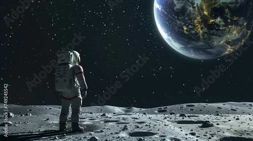 Lone astronaut standing on the surface of the moon and gazing back at the Earth rising over the lunar horizon with the stars twinkling brightly in the black sky
