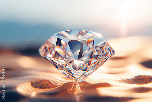One cut diamond close-up in the sand on a blue background  no people