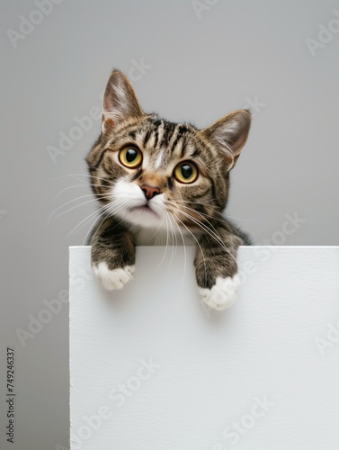 Cute domestic cat with blank board, and looking to the camera. 