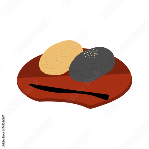 皿にのったおはぎ(きなこ& 黒ごま)の手描きカラーイラストアイコン