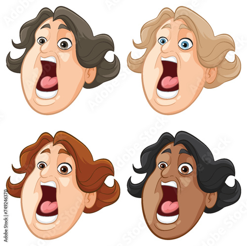 Four cartoon faces showing exaggerated surprise