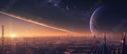 Space elevator to orbit futuristic skyline dawn of a new