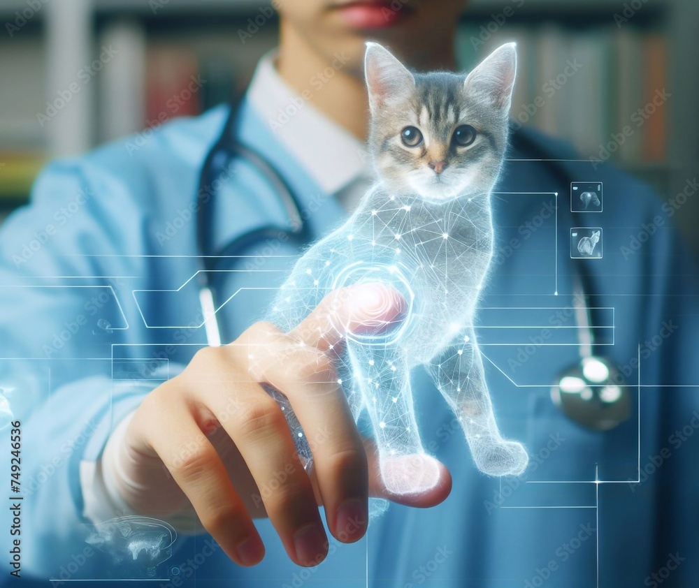 Fototapeta premium veterinarian,doctor, hand using hologram graphics ,cat,dog.generative ai art